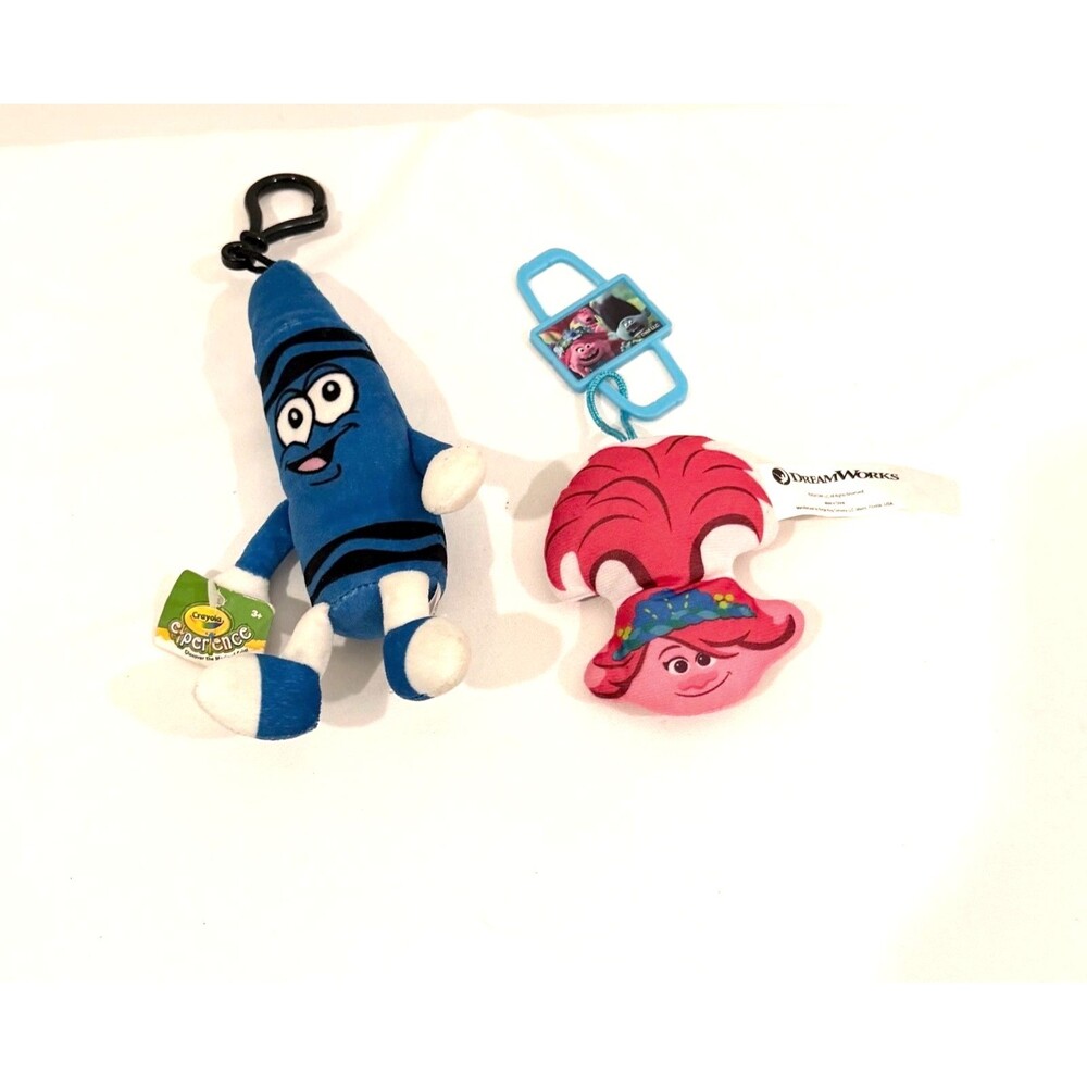 Lot of 2 Plush Keychains: Crayola Cerulean Crayon & DreamWorks Trolls Poppy